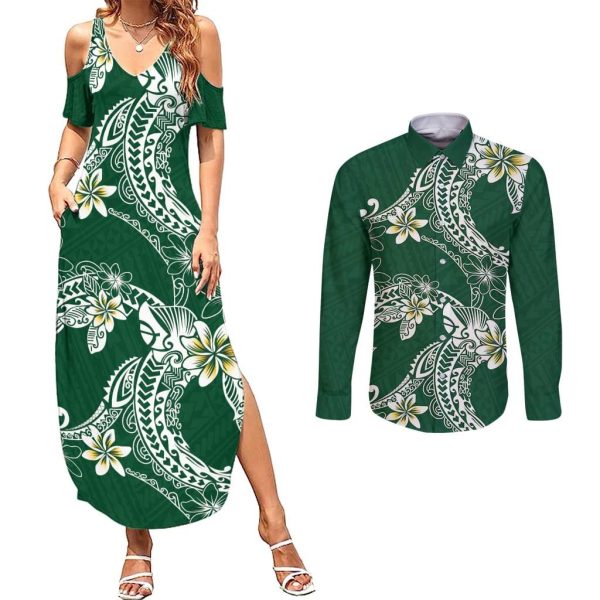 Polynesian Hawaiian Plumeria Tribal Pattern Couples Matching Summer Maxi Dress and Long Sleeve Button Shirt Green Version LT01 - M / M / Green