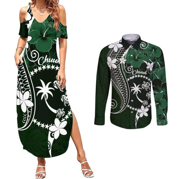 FSM Chuuk Couples Matching Summer Maxi Dress and Long Sleeve Button Shirt Turtle Tropical Flowers Polynesian - Green LT14 - 2XL / 3XL / Green