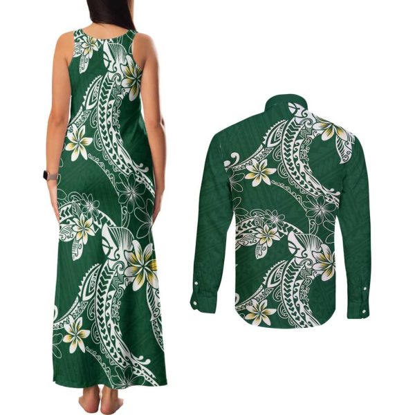 Polynesian Hawaiian Plumeria Tribal Pattern Couples Matching Tank Maxi Dress and Long Sleeve Button Shirt Green Version LT01 - 4XL / 5XL / Green
