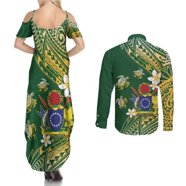 Cook Islands 15 Finest Couples Matching Summer Maxi Dress and Long Sleeve Button Shirt Plumeria Polynesian Turtle LT05 - 5XL / 3XL / Green