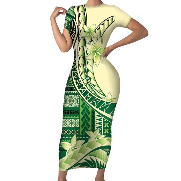 Samoa Siapo Mamanu Short Sleeve Bodycon Dress Plumeria Emerald Motifs LT7 - Long Dress / 3XL / Green