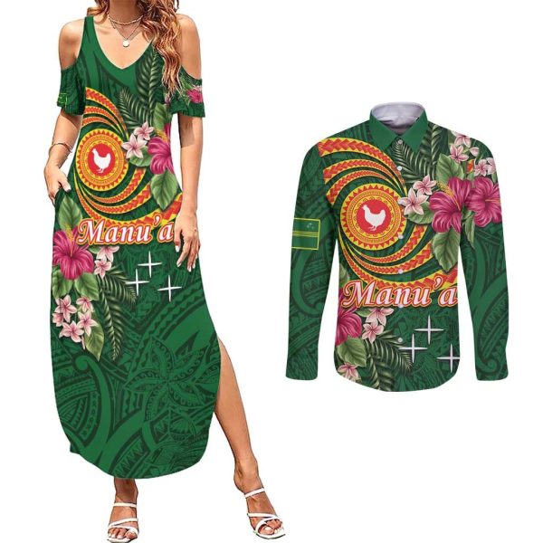 Personalised Manuʻa Islands Couples Matching Summer Maxi Dress and Long Sleeve Button Shirt Polynesian Art Tattoo Style and Tropical Plants LT03 - S / 3XL / Green