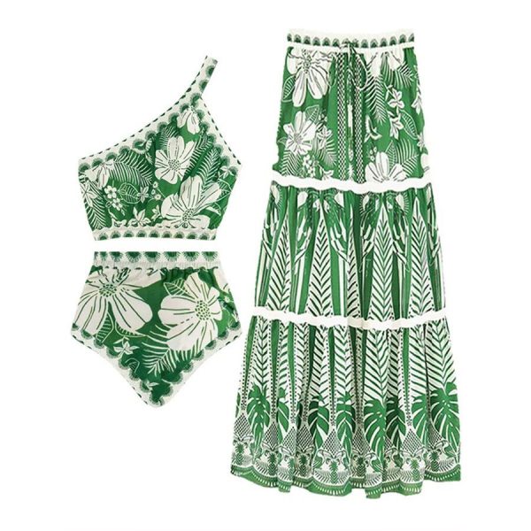 One Shoulder Green Flower Printed Bikini Swimsuit and Skirt