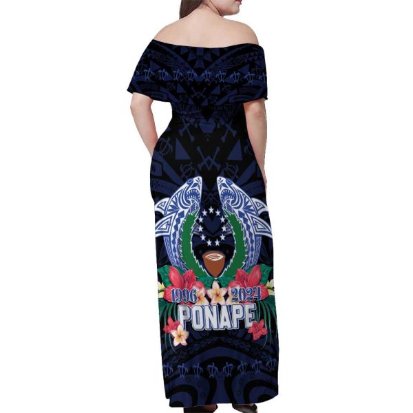 Happy Pohnpei Liberation Day Off Shoulder Maxi Dress Polynesian Shark Turtle Motif LT05 - Women / 8XL / Blue