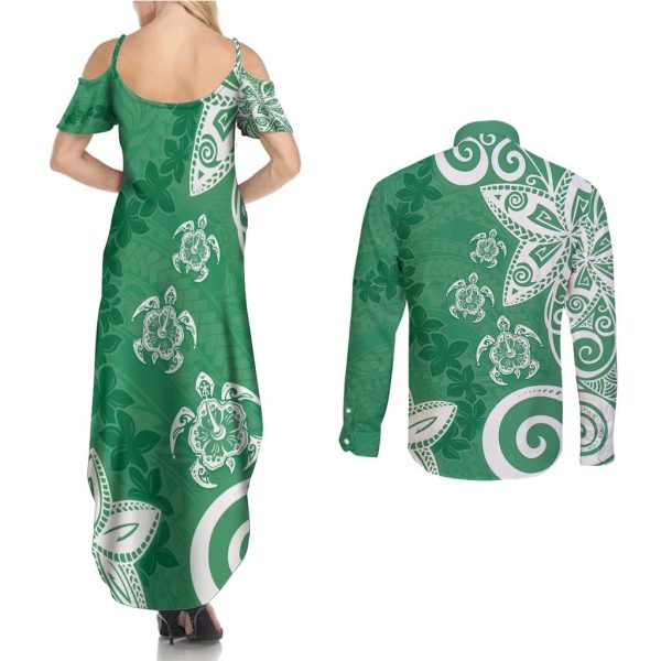 Polynesia Couples Matching Summer Maxi Dress and Long Sleeve Button Shirt Green Tribal Turtle Floral Pattern LT05 - XL / 5XL / Green
