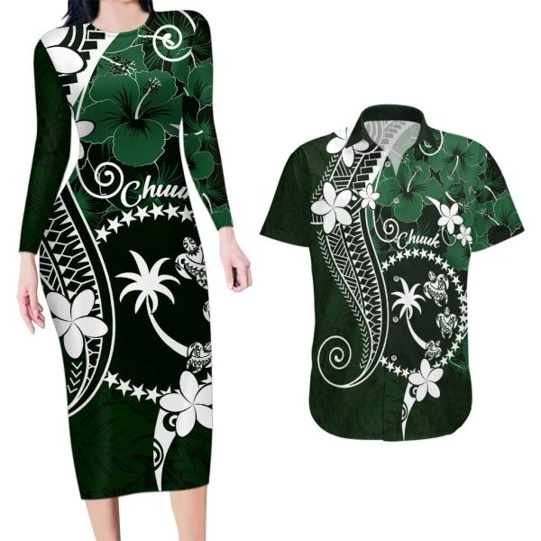 FSM Chuuk Couples Matching Long Sleeve Bodycon Dress and Hawaiian Shirt Turtle Tropical Flowers Polynesian - Green LT14 - No Dress / S / Green