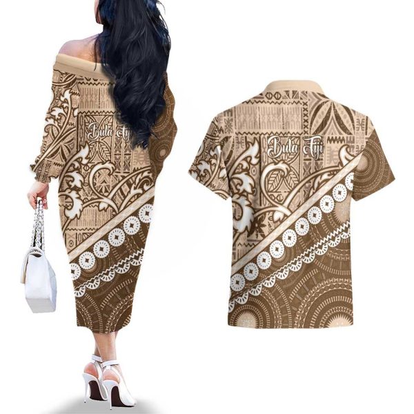 Beige Bula Fiji Couples Matching Off The Shoulder Long Sleeve Dress and Hawaiian Shirt Fijian Language Week Tapa Cloth - Pastel LT14 - 4XL / XL / Beige