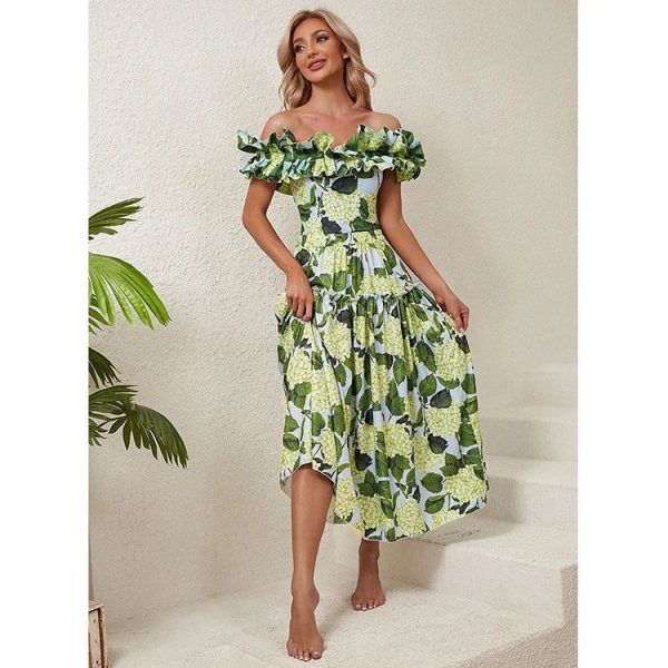Green Hydrangea Ruffle Swimsuit - M / Full Set