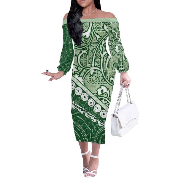 Green Bula Fiji Family Matching Off The Shoulder Long Sleeve Dress and Hawaiian Shirt Fijian Language Week Tapa Cloth - Pastel LT14 - Mom's Dress / M / Green