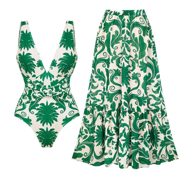 V Neck Printed Knotted at Waist One Piece Swimsuit and Pants Flaxmaker Swimsuit and skirt-S