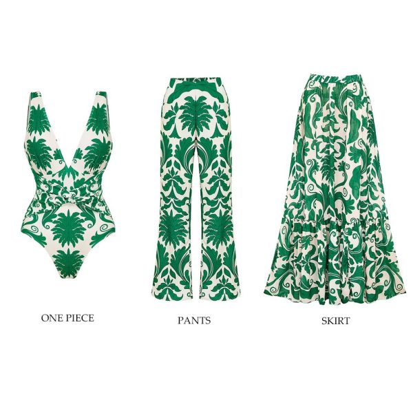 V Neck Printed Knotted at Waist One Piece Swimsuit and Pants Flaxmaker Three piece set-L