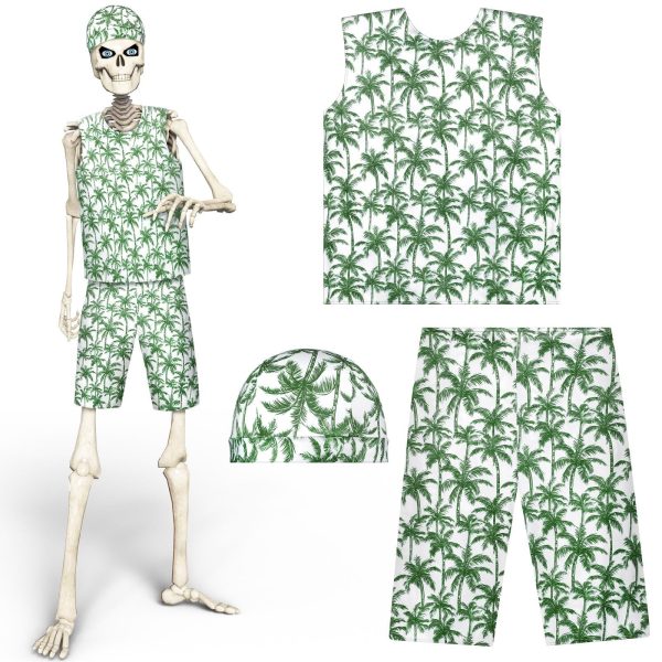 MiniInflat 3 Pcs Summer 12 ft Skeleton Clothes Accessories Set Includes Tropical Coconut Leaves Print Vest Shorts and Hat for Hawaiian 12 ft Skeleton Outfit Dress Luau Party Garden Lawn Decor
