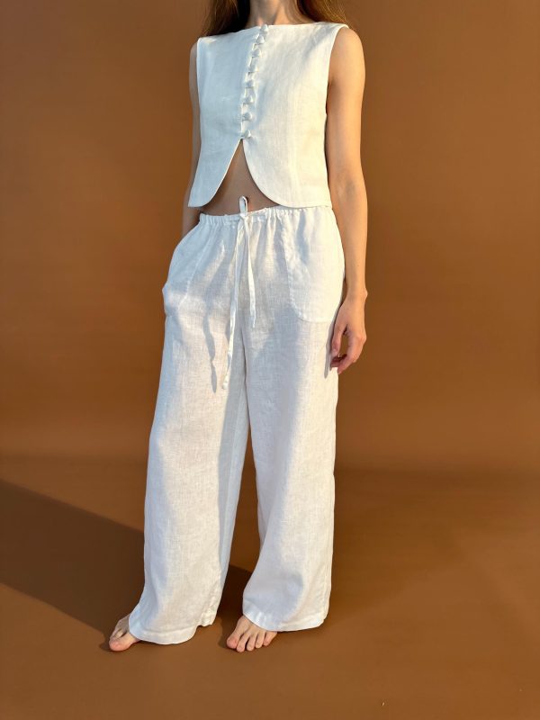Linen Two Piece Set Women | White Summer Co-ord Outfit | Wide Leg Pants Crop Top | Minimalist Matching Set | Beach Loungewear