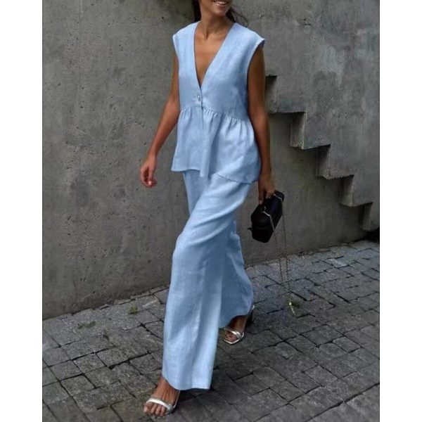 Women's Active Fashion Cotton Linen Sets Blouse Vest Sleeveless V Neck Solid Color Dubbele Rij Knopen Date Casual Daily Black Pink Light Blue Summer Regular Fit