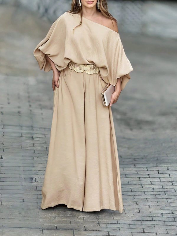 Skew Neck Lantern Sleeve Top & Wide Leg Pants Set