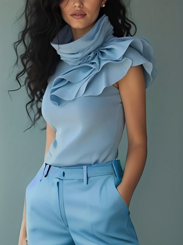 Women Elegant Blouses Raglan Sleeves Turtleneck Cotton Regular Fit Cap Sleeve Plain Summer for Together
