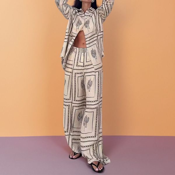 2025 Summer New Printing Long Pants Sets Women‘s Lapel Long Sleeve Shirt Wide Leg Trousers 2 Pieces