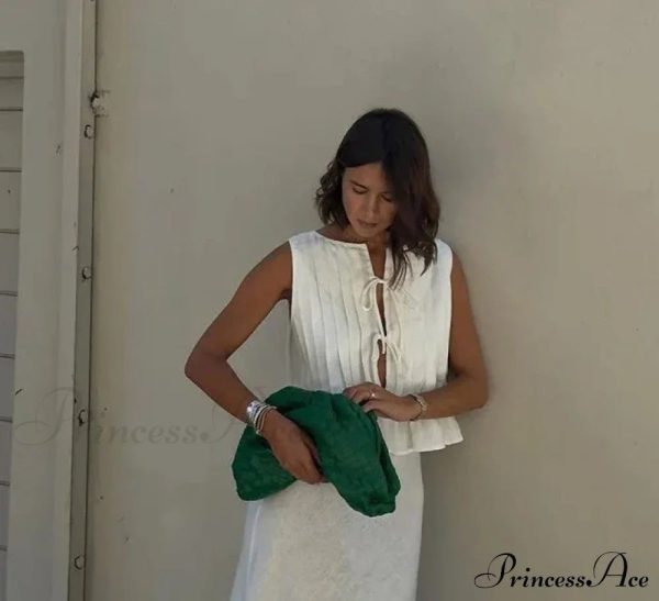 Pleated Tie Up Sleeveless Graceful Top And Midi Skirt Set - White Sets M