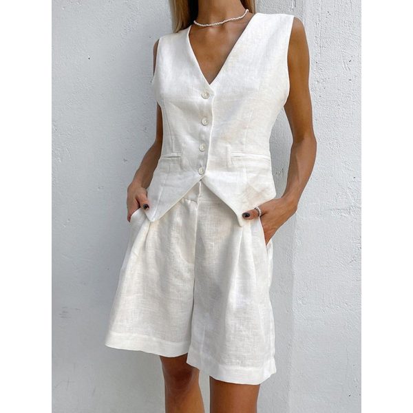 Commense Paros 2-pc Cover Up Shorts & Vest Set Xl Linen Cotton Off White Beach
