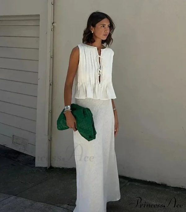 Pleated Tie Up Sleeveless Graceful Top And Midi Skirt Set - White Sets / L