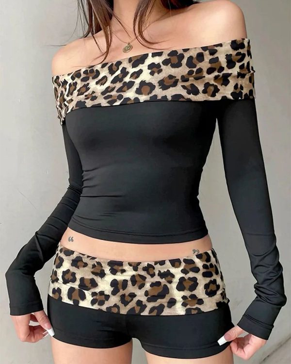 Y2K Leopard Bardot Top & Shorts Set - M / Black