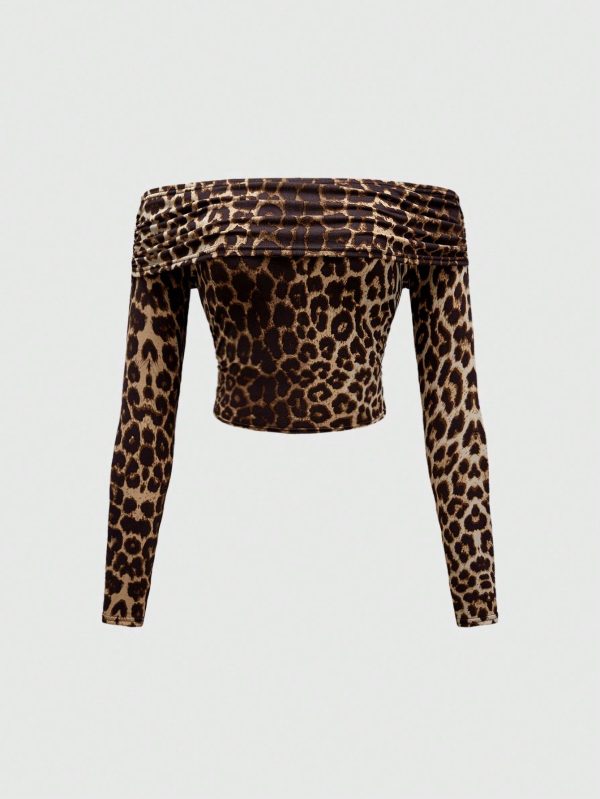 Y2K Gyaru Harajuku Leopard Print Off Shoulder Long Sleeve Cinched Waist Bodycon Tee, School