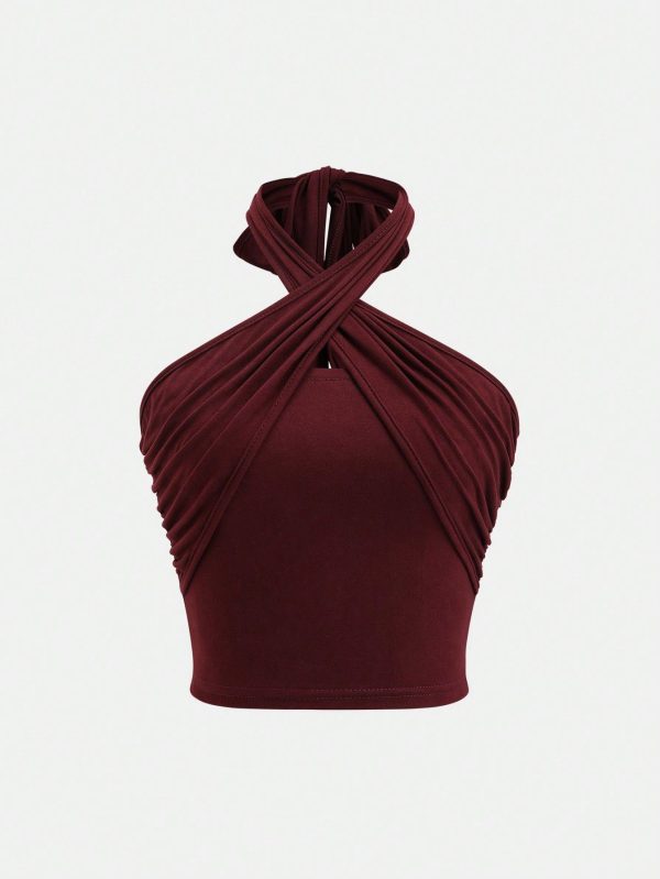 Women Solid Color Ruched Criss-Cross Halter Neck Blouse Y2K Outfit