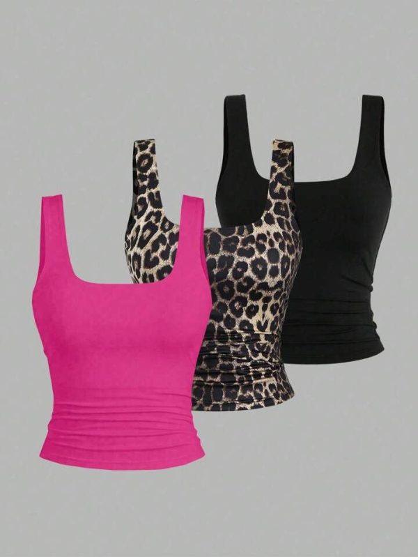 Flirla Women Square Neck Pleated Fashionable Slim Fit Camisole Graphic Cheetah Print Tees Women Tops | SHEIN USA