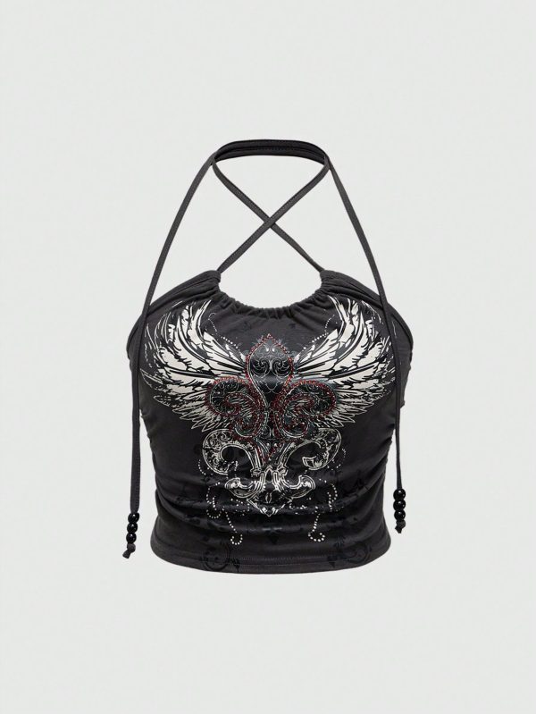 Women Printed Halter Neck Sleeveless Top For Fashionable Daily Wear In Spring And Summer, School