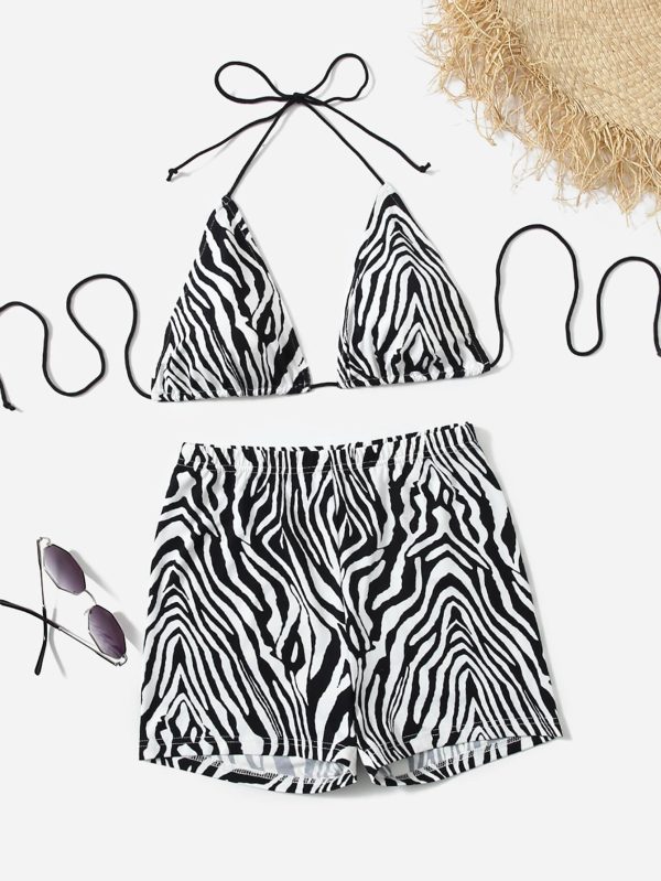 Tie Backless Zebra Striped Halter Top and Shorts Set