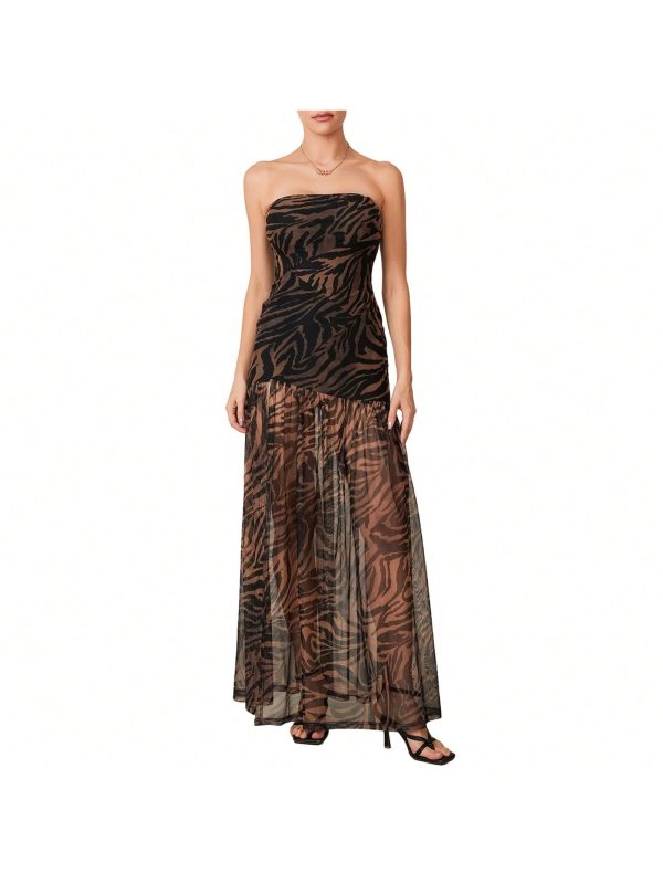 Women's Tube Top Dress Slim Strapless Backless Mesh Patchwork Tropical Leopard Print High Slit Long Dress For Party Club Night