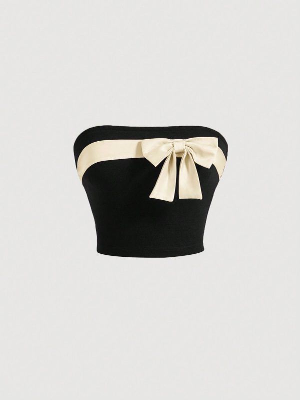 Contrast Trim Bow Front Elasticity Slim Fit Tube Top