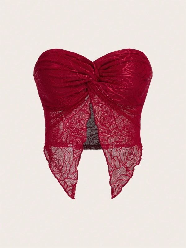 Spring  Twist Front Split Hem Tube Red Top