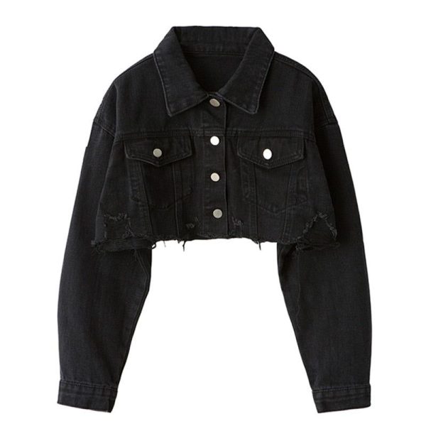 Ordifree 2022 Autumn Women Denim Jacket Fashion Streetwear Casual Loose Outwear Black Short Ripped Jeans Jacket Coat Cotton Black-XL
