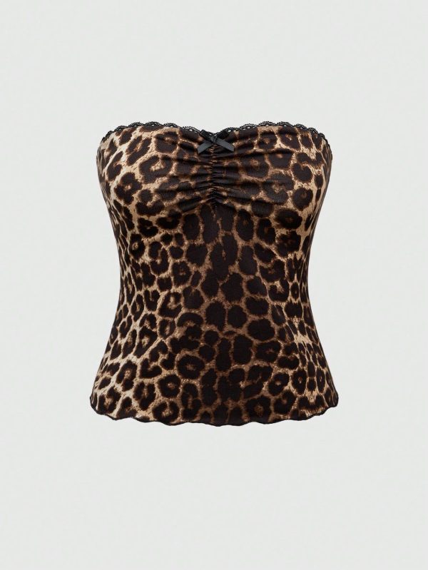 ROMWE Grunge Punk Sexy Vacation Lace Trim Leopard Print Bowknot Shirred Stretch Fitted Blouse For Women