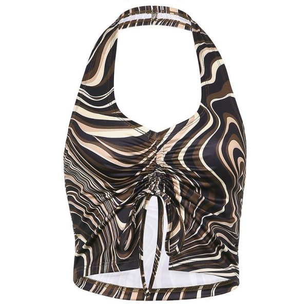 HEYounGIRL Summer Print Sleeveless Backless Tank Top Women V Neck Sexy Halter Crop Tops Tees Vintage Fashion Camisole Streetwear Brown-M