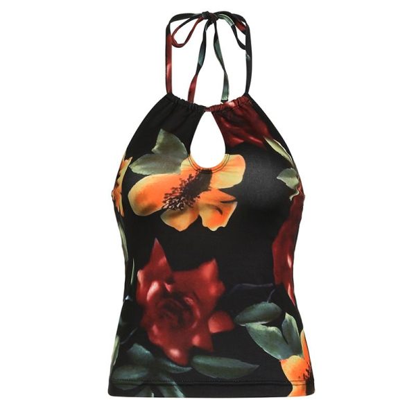 Zingj Girls Retro Plant Flower Printing Water Droplet Hollowed-Out Neck Top Slim Sexy Knitted Suspenders Small Vest Black-S