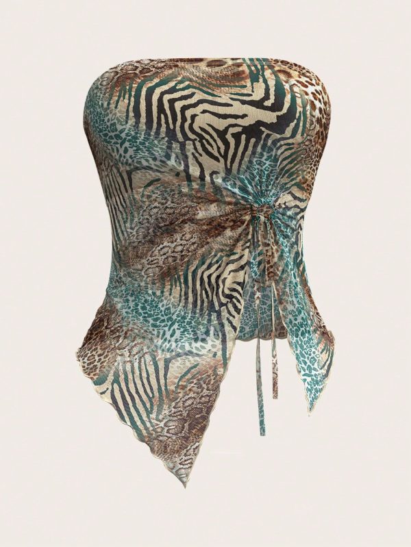 Y2k Going Out Animal Patchwork Leopard Print Lettuce Trim Knot Split Asymmetrical Hem Tube Mesh Sexy Top