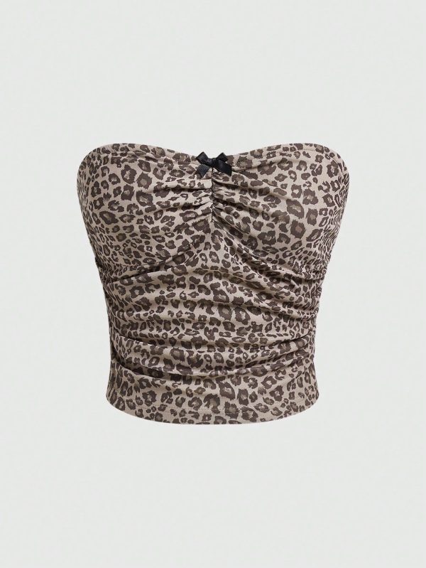 Mesh Sexy Leopard Print Pleats Bandeau Top With Drawstring Sides
