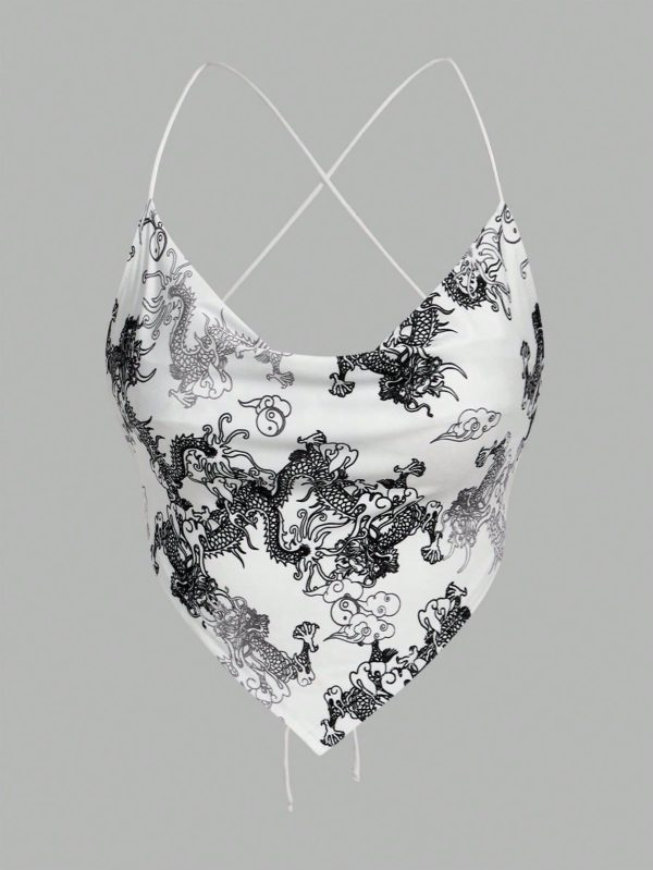 Chinese Dragon Graphic Lace Up Backless Crop Cami Y2K Top
