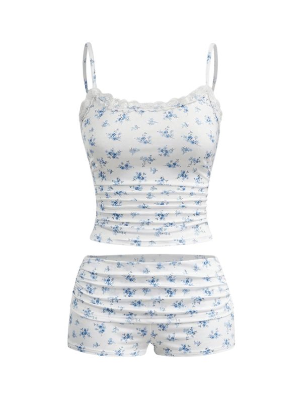 GORGLITTER Women's Floral Lace Shorts and Top Set Cami Crop Top 2 Piece Cute Ruched Lounge Wear Set