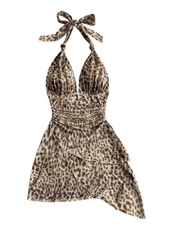 SOLY HUX Women's Sexy Leopard Print Halter V Neck Mini Dress Retro Backless Fitted Bodycon Dresses