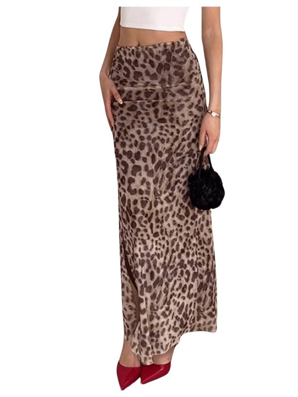 BEAUDRM Women's Y2K Leopard Print Skirts Ruched Side Slit Maxi Skirt Mesh Sheer High Waisted Long Skirt Cheetah Bodycon Skirt