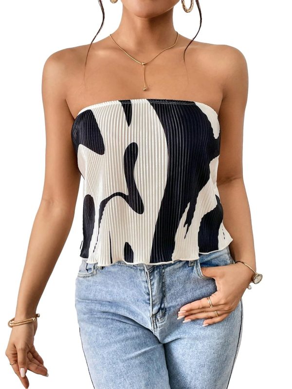 Verdusa Women's Colorblock Tube Top Casual Strapless Blouse Plisse Tops