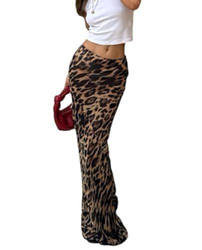 HOHOPEACH Leopard Print Skirt Cheetah Print Long Skirts for Women Trendy Y2k Summer Skirts Maxi Skirt